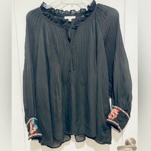 Sheer Pleated Chiffon Black Long Sleeve Blouse. Hand Embroidered. France